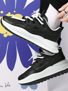 男士时尚透气厚底运动鞋系带增高厚底运动鞋复古休闲跑步鞋 - 黑色 - 查看 4