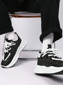 男士时尚透气厚底运动鞋系带增高厚底运动鞋复古休闲跑步鞋 - 黑色 - 查看 5