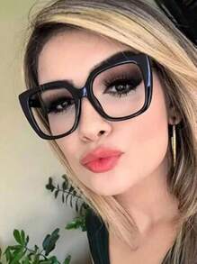 Square Large Frame Eyeglasses, 2024 Style Fashion Clear Lens Glasses, Retro Internet Celebrity Optical Frame - Black - View 1