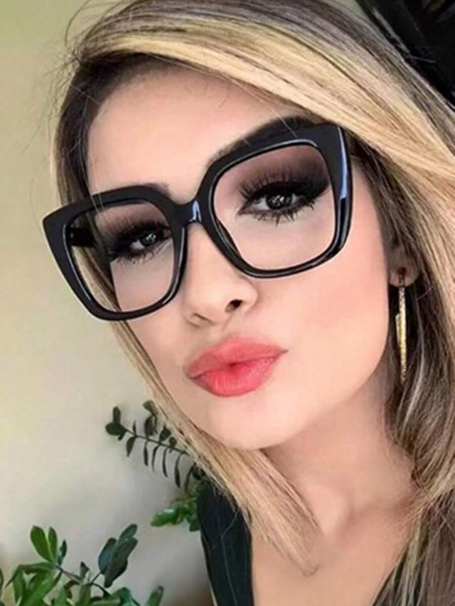 Square Large Frame Eyeglasses, 2024 Style Fashion Clear Lens Glasses, Retro Internet Celebrity Optical Frame - Black - View 1