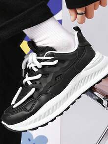 男士时尚透气厚底运动鞋系带增高厚底运动鞋复古休闲跑步鞋 - 黑色 - 查看 6