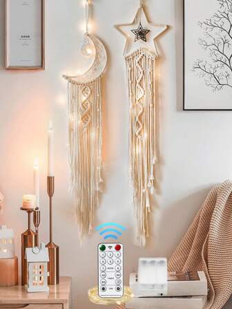 1 Set De Tapices Hechos A Mano De Luna Y Estrellas Encaje Bohemio Y Adornos Tejidos, Tapices De Luna Y Estrellas Con Luces Led De Cadena Como Regalos Para Madres, Amigas, Mujeres Y Niñas, Decoraciones De Pared, Dormitorios, Bodas Y Adornos Del Hogar