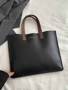 時尚雙色通勤手提包,適用於女士,電腦文件包,活動禮品袋,春季/夏季新品 - 黑色 - 查看 2