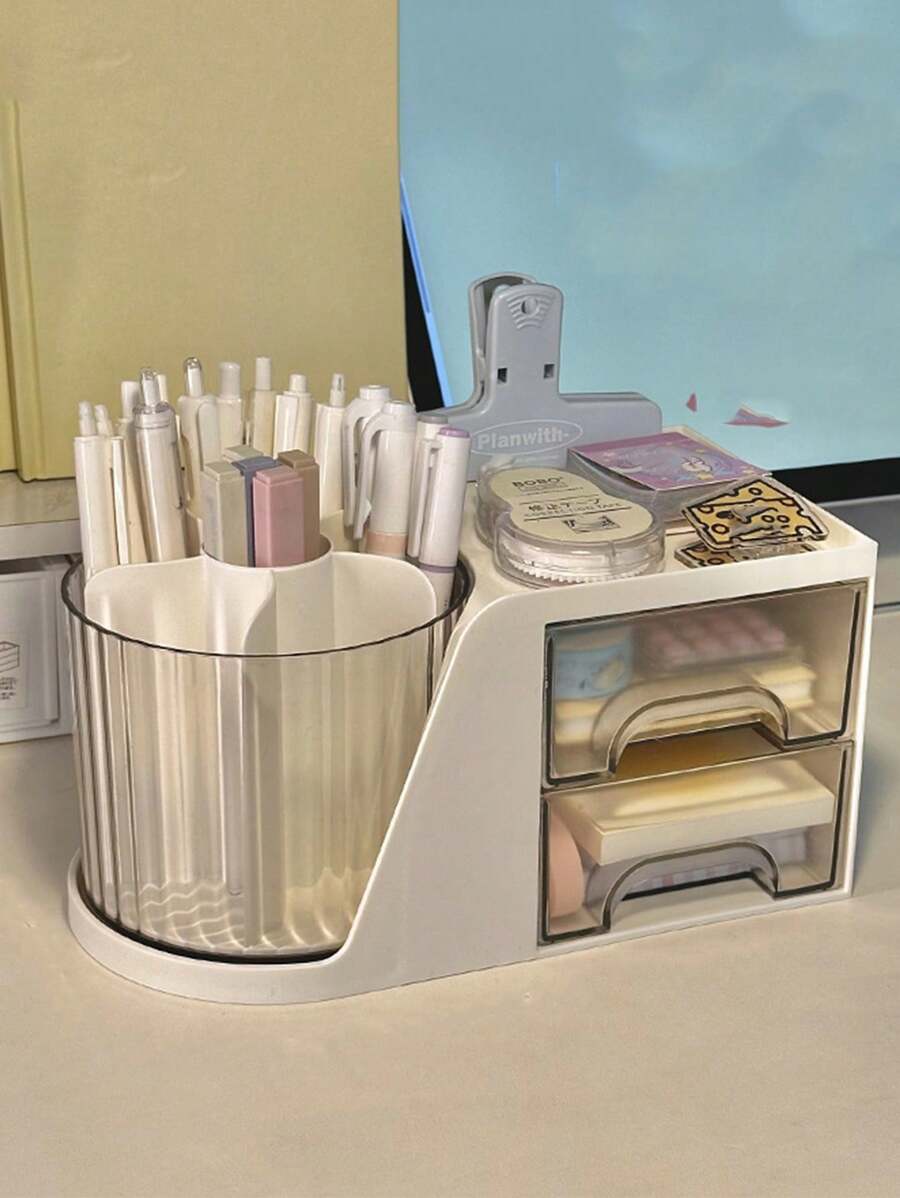 1pc 360° Rotatable Pen Holder With Large Capacity And Multi-Functional Drawer Design For Desktop Organization, Suitable For Students - White - View 1
