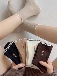 5 Pairs Breathable & Sweat Absorbing Tulip Mid-Calf Socks, Sent Randomly - Multicolor - View 1