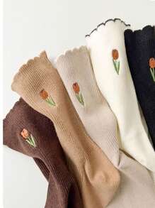 5 Pairs Breathable & Sweat Absorbing Tulip Mid-Calf Socks, Sent Randomly - Multicolor - View 3
