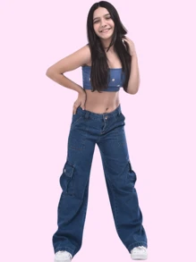 Young Girls Pants - 深色水洗藍 - 查看 3