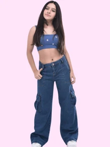 Young Girls Pants - 深色水洗藍 - 查看 4