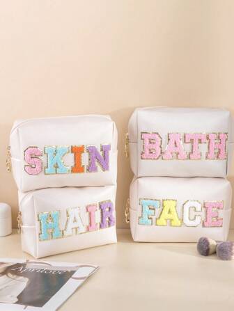 1Pc Waterproof Cute Women Teen Girls Preppy Chenille Letter Patches Makeup Bag Travel Cosmetic Pouch Skincare Face Cosmetic Bag Bath Toiletry Bag Hair Products Stuff Pouch Makeup Travel Toiletry Organizer Essentials Gifts Storage Zipper Accessories Nail Bags, Makeup Bag, Vanity, Make Up Bag, Storage, Makeup Bags, Cosmetic Bag, Makeup Pouch, Make Up Organizer, Makeup Pouchs, Christmas Gifts, Pouch, Clutch / Small Handbag, Makeup Organizer, Pouch, Brush Holder, Mini Pouch, Large Capacity Pouch,Gifts For Women,Christmas Gifts,Gift Ideas For Women