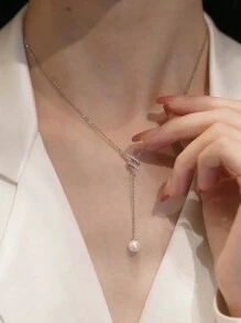 GAGAFEEL 1 Pc Elegant Exquisite S925 Sterling Silver Pearl Pull Tassels Pendant Necklace 40+5cm For Women Girl Daily Wear Dating Gifts Wedding Engagement Bridal Jewelry - Silver - View 4