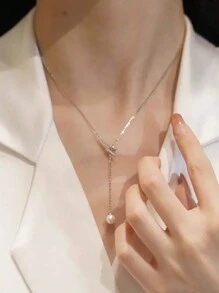 GAGAFEEL 1 Pc Elegant Exquisite S925 Sterling Silver Pearl Pull Tassels Pendant Necklace 40+5cm For Women Girl Daily Wear Dating Gifts Wedding Engagement Bridal Jewelry - Silver - View 6