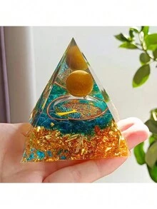 1pc Crystal Chips Life Tree Sculpture With Egyptian Energy 3d Rune, Pyramid Design, Green Stone, Handmade Ornament For Home Decoration - Multicolor - View 6