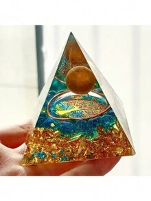 1pc Crystal Chips Life Tree Sculpture With Egyptian Energy 3d Rune, Pyramid Design, Green Stone, Handmade Ornament For Home Decoration - Multicolor - View 2