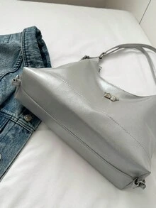 2024新款韩版时尚大容量托特包女包个性简约适合休闲通勤可手提可单肩情人节 - 銀色 - 查看 9