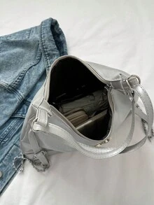 2024新款韩版时尚大容量托特包女包个性简约适合休闲通勤可手提可单肩情人节 - 銀色 - 查看 10