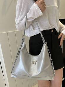2024新款韩版时尚大容量托特包女包个性简约适合休闲通勤可手提可单肩情人节 - 銀色 - 查看 2