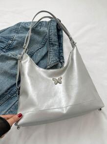 2024新款韩版时尚大容量托特包女包个性简约适合休闲通勤可手提可单肩情人节 - 銀色 - 查看 1