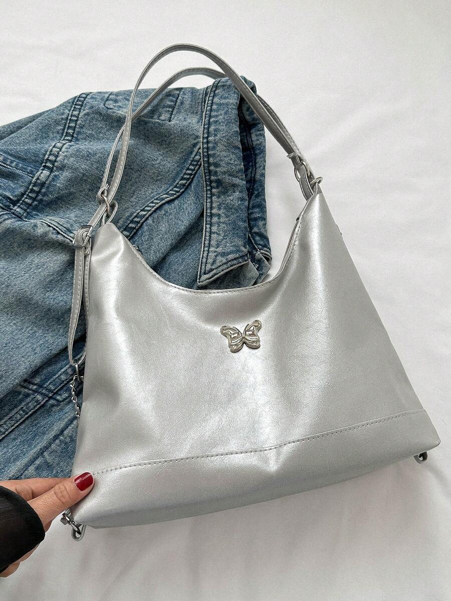 2024新款韩版时尚大容量托特包女包个性简约适合休闲通勤可手提可单肩情人节 - 銀色 - 查看 1