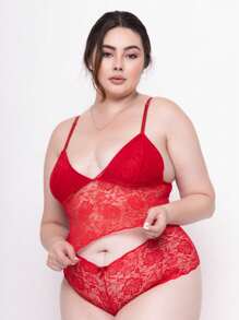 Conjuntos Lingerie Plus Size de Renda Espera Marido Cropped e Calcinha Shorts Sexy - Vermelho - Visão 2
