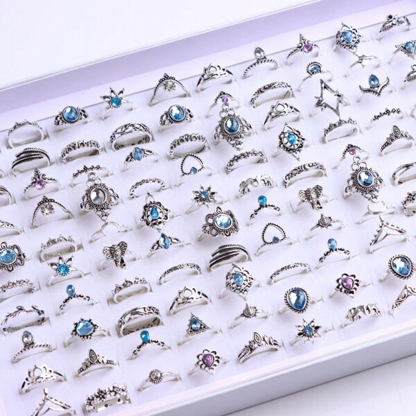 30pcs/Pack Vintage Fashionable Alloy Ring Set With Leaf/Lotus/Elephant Design, Random Style In A Blind Bag