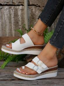 女士夏季拖鞋 2024新款式外出穿著休閒楔型厚底防滑裸趾拖鞋 - 白色 - 查看 2