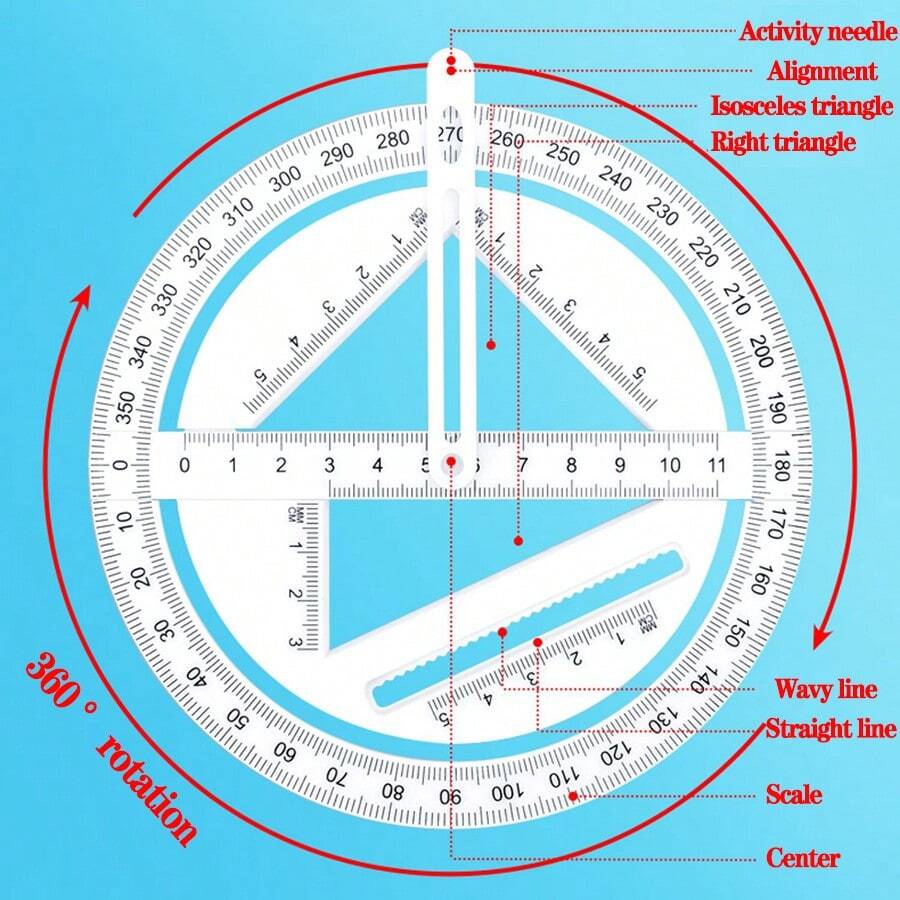 360 Degree Protractor With Wave Ruler, Straight Ruler, Triangular Ruler, Ideal Educational Tool For Elementary Students - Pink - View 1