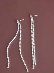 1pair Fashionable Rhinestone Tassel Earrings For Women, Simple Daily Accessory - Silver - View 7