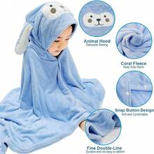 Kids Coral Fleece Hooded Bath Towel - Blue - View 2