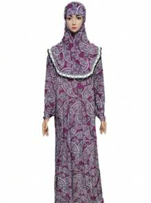 Boho 3xl Loose Fit Long Hooded Robe With Flower Pattern, Lace Border, Suitable For Occasions, Daily Wear, Sports; Also Can Be Used As Head Wrap - Multicolor - View 5