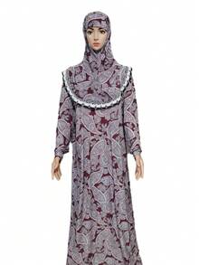 Boho 3xl Loose Fit Long Hooded Robe With Flower Pattern, Lace Border, Suitable For Occasions, Daily Wear, Sports; Also Can Be Used As Head Wrap - Multicolor - View 10
