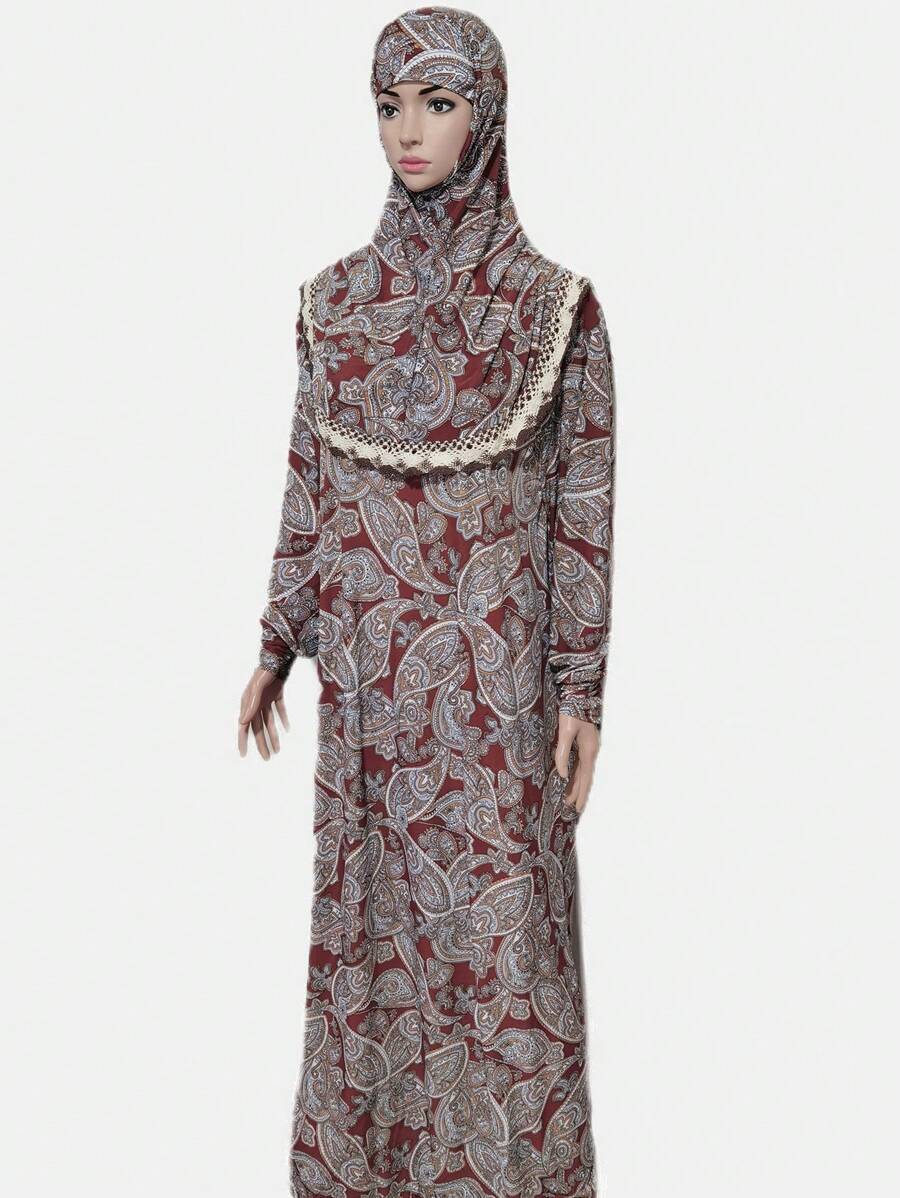 Boho 3xl Loose Fit Long Hooded Robe With Flower Pattern, Lace Border, Suitable For Occasions, Daily Wear, Sports; Also Can Be Used As Head Wrap - Multicolor - View 1