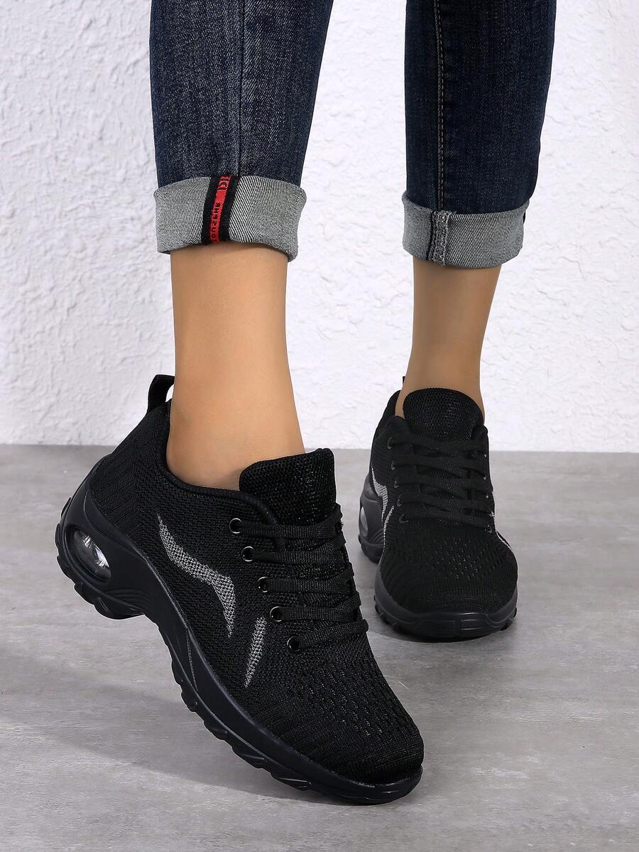 女款運動鞋,透氣網眼跑鞋,緩震氣墊帶旅行鞋,柔軟底舞鞋適用於四季 - 黑色 - 查看 1