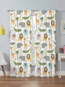 2 Peças Cortinas Impressas Com Leão E Elefante Da Floresta Safari, Cortina Sem Furos, Referente Aos Quartos De Dormir, Escritório, Cozinha, Sala De Estar, Estudo, Decoração Da Casa - Multicolorido - Visão 2