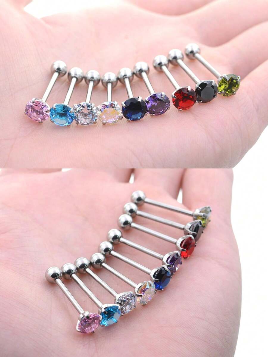 1個時尚朋克風格7mm圓形立方氧化鋯舌環1.6x16mm不銹鋼啞鈦棒身體穿刺珠寶 - 7mm圓鋯舌釘 - 查看 1