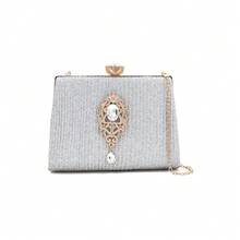 Gritte Women's Hard Shell Clutch Bag With Rhinestone Bow Knot For Evening Party,  Party, Qipao - Silver - View 1