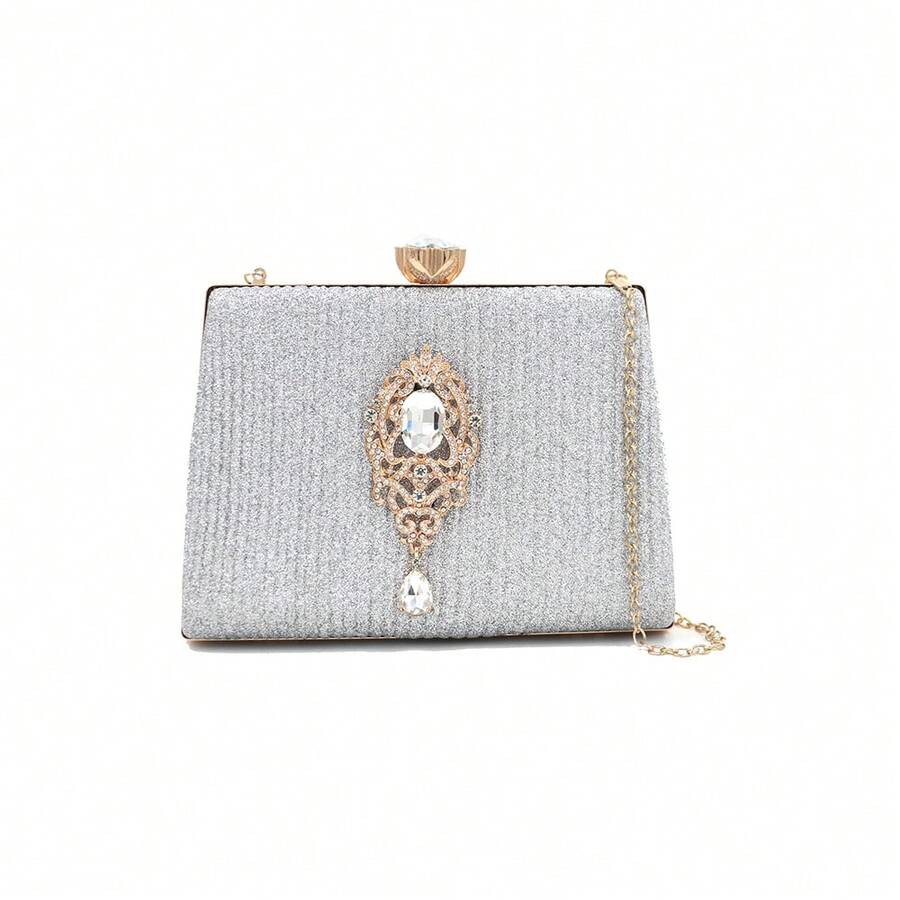 Gritte Women's Hard Shell Clutch Bag With Rhinestone Bow Knot For Evening Party,  Party, Qipao - Silver - View 1