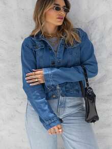 Women Denim Jackets & Coats - 深色水洗藍 - 查看 6