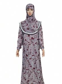 Boho 3xl Loose Fit Long Hooded Robe With Flower Pattern, Lace Border, Suitable For Occasions, Daily Wear, Sports; Also Can Be Used As Head Wrap - Multicolor - View 18