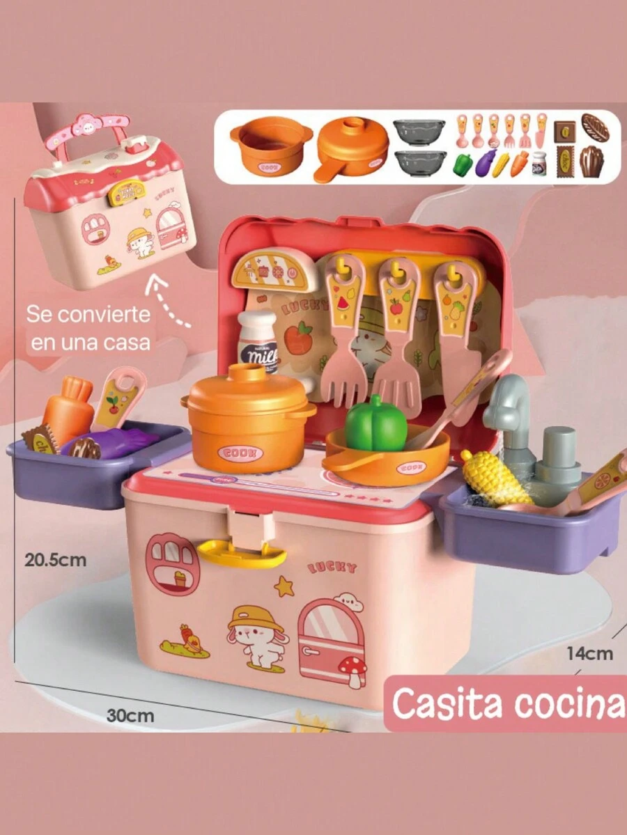 Mini casita, juego de cocina y utensilios de cocina de juguete para niños y niñas, con sistema de agua circulante - Rosa - Ver 1