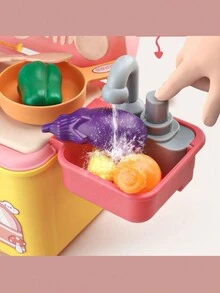 Mini casita, juego de cocina y utensilios de cocina de juguete para niños y niñas, con sistema de agua circulante - Rosa - Ver 2
