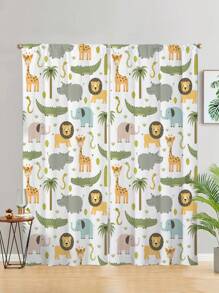 2 Peças Cortinas Impressas Com Leão E Elefante Da Floresta Safari, Cortina Sem Furos, Referente Aos Quartos De Dormir, Escritório, Cozinha, Sala De Estar, Estudo, Decoração Da Casa - Multicolorido - Visão 4