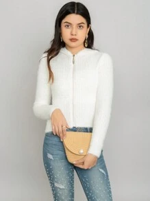 Sueter de moda para mujer de color liso con capucha - Blanco - Ver 2