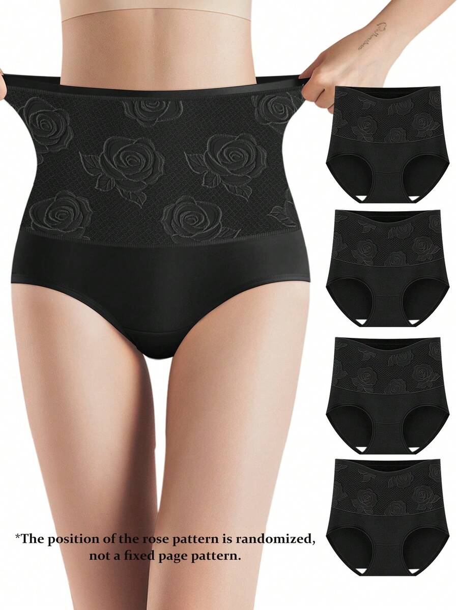 4入組女式內褲玫瑰高腰控腹舒適貼身 - 黑色 - 查看 1