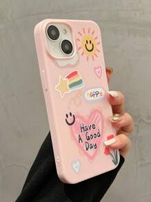 Valentinstag 1 Stück Herz & lächelndes Gesicht, Sonnen Muster matt rosa Handyhülle kompatibel mit iPhone 16, 15, 14, 13, 12, 11 Pro Max, XS, XR, XS Max - Pink - Übersicht 1
