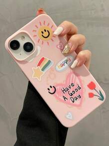 Valentinstag 1 Stück Herz & lächelndes Gesicht, Sonnen Muster matt rosa Handyhülle kompatibel mit iPhone 16, 15, 14, 13, 12, 11 Pro Max, XS, XR, XS Max - Pink - Übersicht 3