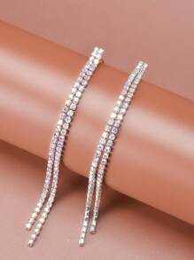 1pair Fashionable Rhinestone Tassel Earrings For Women, Simple Daily Accessory - Silver - View 8