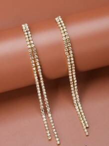 1pair Fashionable Rhinestone Tassel Earrings For Women, Simple Daily Accessory - Silver - View 4