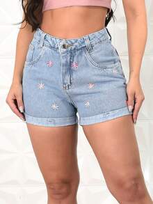Women Denim Shorts - 中等水洗藍 - 查看 4