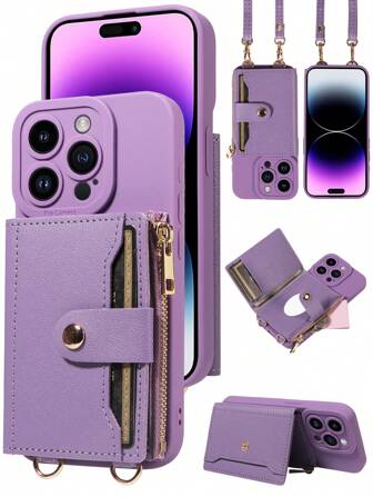 1pc PU Leather Wallet Case With Card Slot, Mirror, Crossbody Strap Compatible With IPhone 17 Pro Max/17 Pro/17/Air/16 Pro Max/16/15/14/13, Redmi