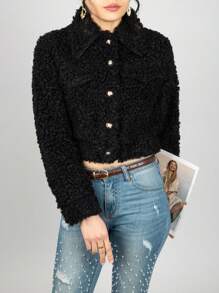 Chamarra de moda para dama tela de borrego con botones color dorado - Negro - Ver 2